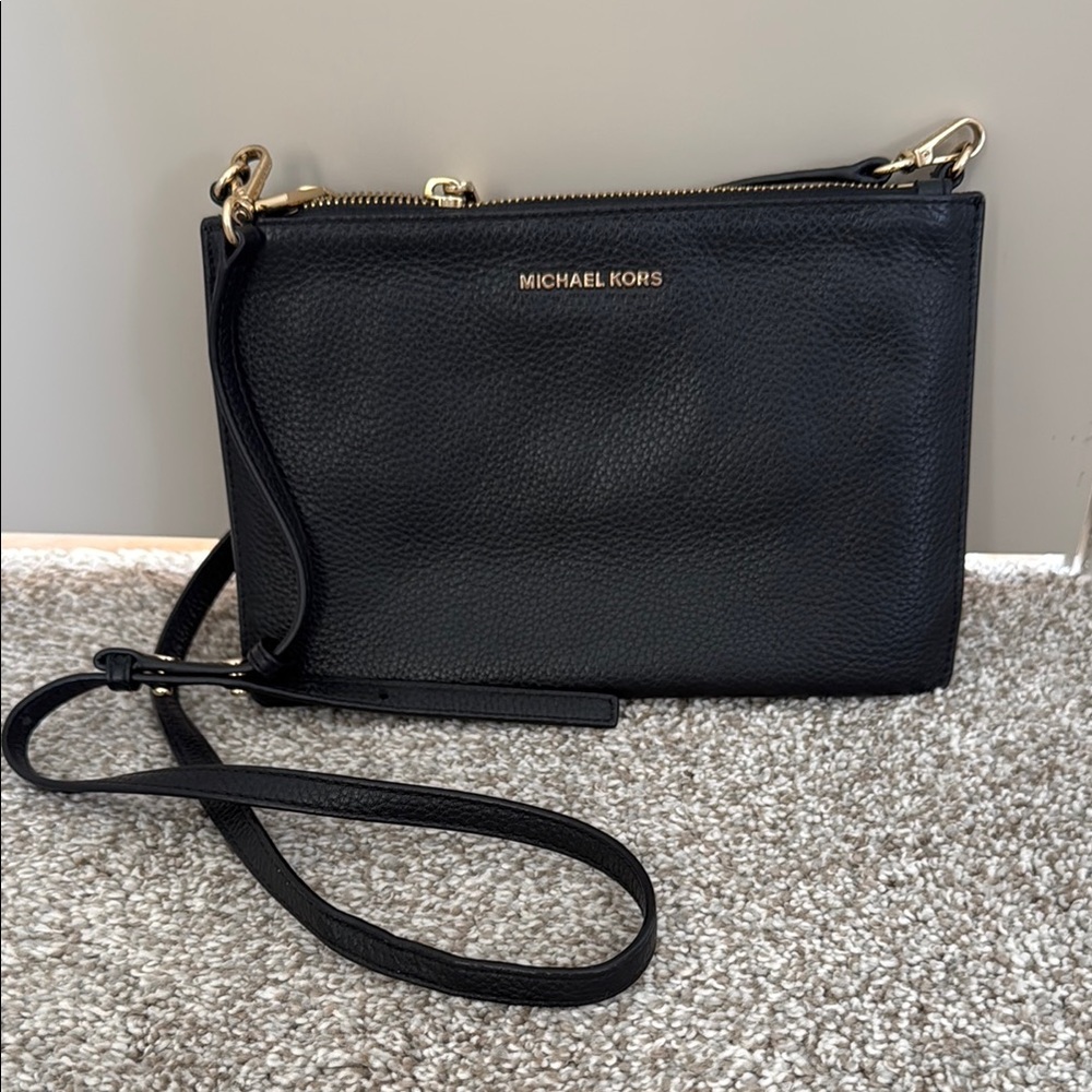 Michael Kors Jer Set Large Pebbled Leather Double Pouch Crossbody Bag Black